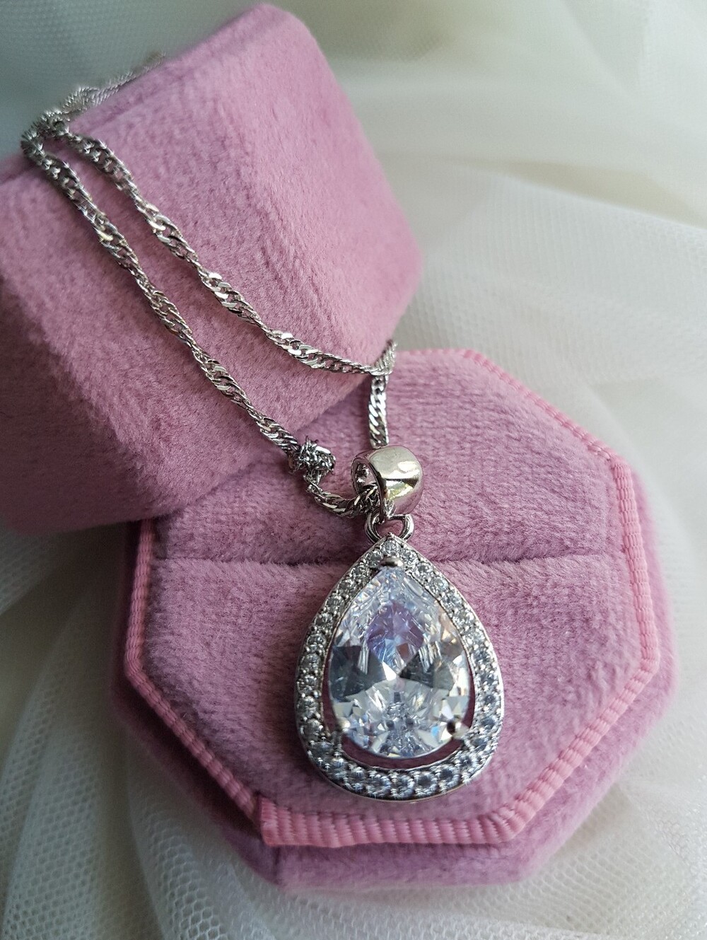 Swarovski Elements 925 Sterling Silver Large White Teardrop Halo Necklace NEW - Picture 9 of 12
